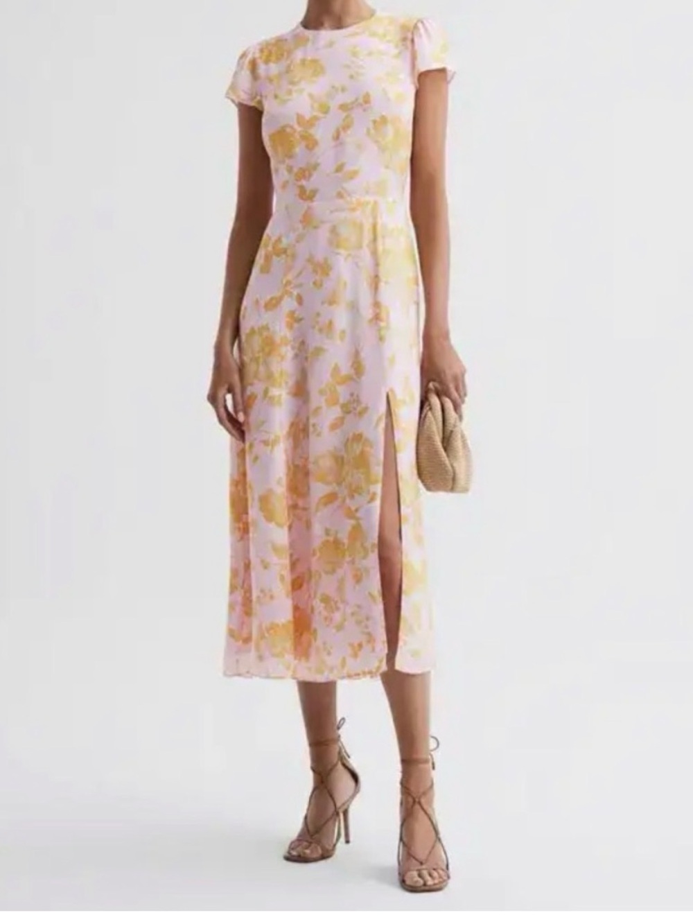 Reiss Pink and Yellow Floral Midi Dress with Side Slit 6P